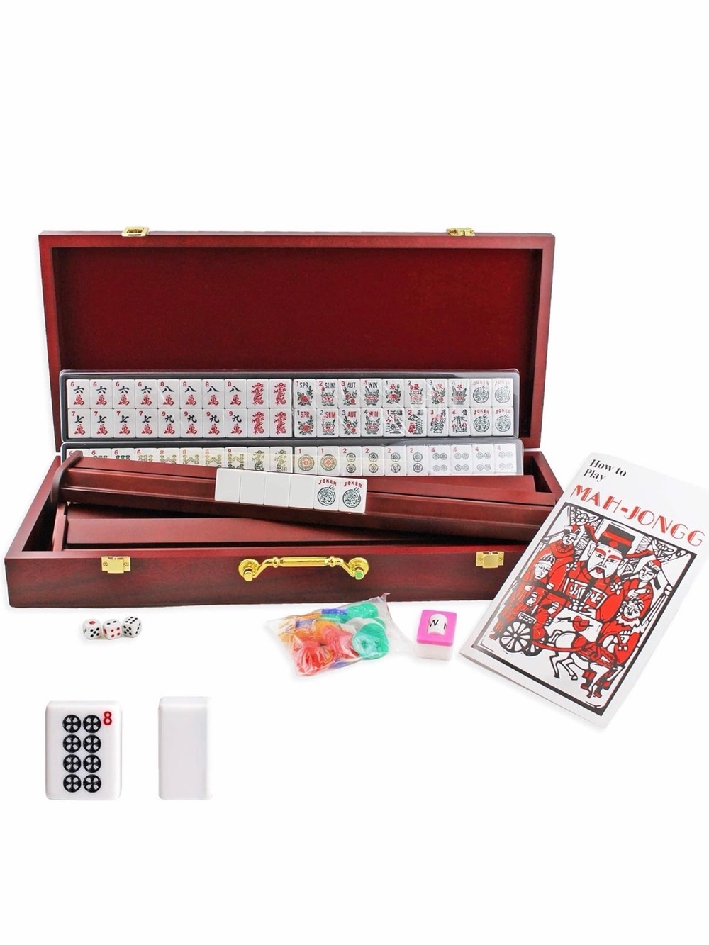 American Mahjong, 166,4 All in One Pusher Racks,Chips,Wind Indicator-Wood Case